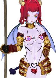 1girls 3d areola armor armored_gloves breasts crotchless curved_horns curvy demon demon_eyes erect_nipples female female_only front_view gauntlets horns medium_breasts nipples nude panties pointy_chin pubic_tattoo red_hair ridged_horns spear staff succubus village_of_nightmare_(game) weapon white_skin yellow_eyes yellow_horns