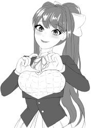 1female 1girls 5_fingers big_breasts black_and_white blush breasts doki_doki_literature_club female female_focus female_only gesture girl hair_intakes hand_gesture hand_heart heart large_breasts long_hair looking_at_viewer lplatelets monika_(doki_doki_literature_club) not_porn safe safe_for_work sfw smile smiling_at_viewer solo solo_female solo_focus