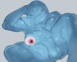 1boy 2024 abs anthro b.o.b. balls blue_body bodily_fluids cyclops dreamworks empty_eyesocket eye_glans genitals glistening glistening_body goo goo_creature half-erect hand_on_penis hands_behind_head hi_res kogito laying_down looking_at_viewer male_only monster monsters_vs_aliens muscular muscular_male narrowed_eyes one_eye pecs pectorals penis penis_focus red_eye simple_background slime slime_monster smile smiling_at_viewer solo solo_male testicles unusual_anatomy