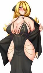 1girls anisdrawn bangs bangs_over_one_eye black_cape black_choker black_dress black_eyes black_eyeshadow blonde_hair breasts cape capelet chains choker cleavage cynthia_(pokemon) dress eyeshadow female game_freak hair_over_one_eye hip_vent huge_breasts light-skinned_female light_skin long_hair meme meme_attire milf modakawa_dress nintendo older_female pokemon pokemon_dppt_(anime) sidelocks straps_across_chest thick_thighs wide_hips