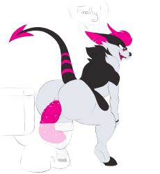 anthro anus bathroom canid canid_demon canine colored_feces demon el_brapitto feces female hellhound hi_res hooves horn looking_pleasured looking_relieved mammal mythological_canine mythological_creature mythology pink_feces public_restroom restroom_stall scat solo toilet unusual_feces