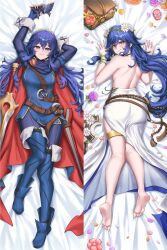 1girls alternate_costume ass back backless_dress backless_outfit bare_back barefoot basket belt blue_cape blue_eyes blue_hair blue_sweater body_pillow brown_belt burnt_green_tea cape closed_mouth commentary dress dual_persona english_commentary falchion_(fire_emblem) female female_only fire_emblem fire_emblem_awakening fire_emblem_heroes flower from_behind hair_between_eyes head_wreath highres holding holding_mask large_ass long_hair long_sleeves looking_at_viewer lucina_(fire_emblem) lucina_(valentine)_(fire_emblem) lying mask nintendo official_alternate_costume petals pillow pink_flower red_cape ribbed_sweater smile sweater sword tiara toes two-tone_cape unworn_mask very_long_hair weapon white_dress white_flower