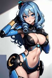 1girls 1robot_girl ai_generated android big_breasts blue_armor blue_eyes blue_hair cleavage high_resolution long_hair looking_at_viewer ponceai poncedart robot_humanoid