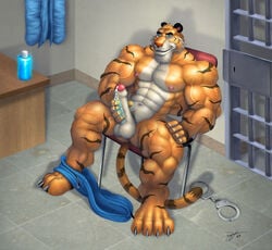 1boy abs anthro balls biceps bodybuilder braford chair clothing feline fur furry handcuffs lube male male_only masturbation muscles pecs penis police precum serratus_anterior shorts solo tiger uncut veins