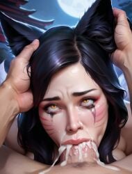 ahri ai_generated black_hair blowjob blowjob_face crying cum cum_drip cum_in_mouth deepthroat excessive_cum facial_markings fellatio fox_ears fox_girl fox_tail gagging kimono league_of_legends male penis red_eyeshadow rolling_eyes ruined_makeup slit_pupils smeared_makeup stable_diffusion tears yellow_eyes