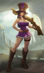 ai_generated boots bulging_breasts caitlyn_kiramman cleavage confident edited_official_artwork exposed_shoulders full_body gun hand_on_hip hat huge_breasts league_of_legends minidress official_artwork_edit pose purple_dress shoulderless_dress thighs