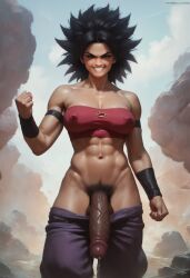 1futa abs ai_generated babski326 baggy_pants bandeau bare_shoulders big_hair black_eyes black_hair breasts caulifla cleavage clenched_hand clenched_teeth clothes_pull cloud covered_nipples crop_top dark_penis day dragon_ball dragon_ball_super fist flaccid futa_only futanari grin huge_cock large_breasts looking_at_viewer muscular muscular_futanari navel outdoors pants pants_down penis precum precum_drip pubic_hair purple_pants rock sky smile smiling solo solo_futa spiked_hair standing strapless teeth testicles tubetop veins veiny_penis