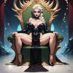 1girls ai_generated big_breasts black_dress black_eyeshadow black_lipstick blonde_hair blue_eyes braid braided_hair cleavage collar disney dress elsa_(frozen) eyeshadow frozen_(film) goth goth_girl gothified high_heels league69 legs_apart lipstick long_hair looking_at_viewer necklace pelvic_curtain platinum_blonde_hair sitting_down sitting_on_chair spread_legs thighs throne