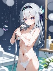 ai_generated bathing bathroom bubbles convenient_censoring firefly_(honkai:_star_rail) honkai:_star_rail hoyoverse navel nude shower snowy_yukino soap soap_bubbles