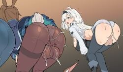 2futas amiya_(arknights) arknights aurora_(arknights) backsack balls bent_over big_ass big_balls big_breasts blacktan brainwashing clothed clothing dobermann_(arknights) duo full-package_futanari fully_clothed futa_only futanari human humanoid hypnosis light-skinned_futanari light_skin mind_control mostly_clothed pantyhose pussy pussy_juice thick_thighs twerking wide_hips