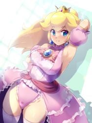 1girls blonde_hair blue_eyes breasts crown dress earrings female female_only fully_clothed gloves hand_on_hip konpeto large_breasts leotard leotard_under_clothes looking_at_viewer mario_(series) nintendo pink_dress pink_leotard ponytail princess_peach puffy_detached_sleeves revealing_clothes showgirl_skirt stockings thighhighs