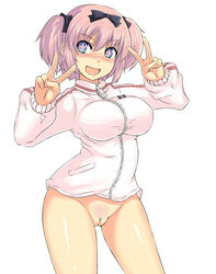 blush bottomless hibari_(senran_kagura) innie_pussy pointy_chin pubic_stubble pussy senran_kagura smile suzurame uncensored v