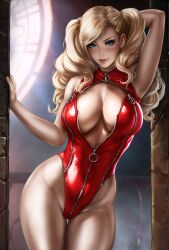 1girls ann_takamaki blonde_hair blue_eyes breasts cleavage dandon_fuga doorway female female_only hairclip large_breasts latex_leotard latex_suit leaning_against_wall leotard light-skinned_female looking_at_viewer persona persona_5 red_clothing red_latex red_leotard solo solo_female twintails video_game video_game_character video_games window zipper zipper_leotard zipper_pull_tab