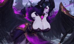 ai_generated angel angel_wings big_breasts black_and_purple_hair black_wings cum cum_on_breasts dress huge_breasts large_breasts league_of_legends long_hair morgana nai_diffusion wings