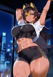 1girls abs ai_generated bare_thighs black_hair breasts dark-skinned_female dark_skin dehya_(genshin_impact) female female_only fit_female genshin_impact gym_clothes gym_uniform large_breasts liu_(artist) midriff nai_diffusion solo stable_diffusion thiccwithaq_(ai_style) thick_thighs thighs tomboy toned toned_female