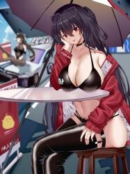 2girls azur_lane bikini black_bikini black_hair black_legwear breast_rest breasts cleavage collarbone eyewear_on_head hand_on_head hand_on_thigh jacket large_breasts latex latex_legwear light-skinned_female light_skin long_hair looking_at_viewer multiple_girls open_clothes open_jacket race_queen red_eyes red_jacket sakura_empire_(azur_lane) she_taizi sitting swimsuit taihou_(azur_lane) taihou_(enraptured_companion)_(azur_lane) takao_(azur_lane) takao_(full_throttle_charmer)_(azur_lane) thighhighs