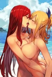 2girls ai_generated beach big_breasts blonde_hair breasts busty completely_nude curvy erza_scarlet fairy_tail female female_only jei_games kissing long_hair lucy_heartfilia nude open_mouth outdoors red_hair sand seaside tongue tongue_kiss tongue_out yuri