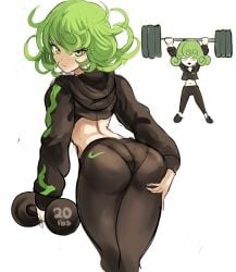 1girls adult_swim apple_green_clothing apple_green_eyes apple_green_hair ass baggy_clothing barbell bare_midriff birthmark chibi cropped_hoodie curled_hair dumbbell exercise exercise_equipment eyelashes eyes front_view full_body green_eyes green_hair hand_on_ass hand_on_own_ass holding_dumbbell holding_object hood hood_down hoodie legwear lifting_weights long_sleeves looking_at_viewer looking_back matching_hair/eyes messy_hair midriff miniature mole_(marking) navel one-punch_man pantyhose rakeemspoon short_hair simple_background solo standing tatsumaki toonami tsurime weightlifting weights white_background wide_eyes yoga_pants