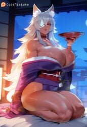 1girls ai_generated areola chocker codemistake covered_eye dark-skinned_female female ghislaine_dedoldia grey_hair huge_breasts kimono lips long_hair looking_at_viewer muscular_arms muscular_female mushoku_tensei off-shoulder patreon patreon_logo patreon_reward patreon_url red_eyes seiza sidelighting solo wolf_ears