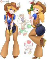 1girls assless_chaps blonde_hair blue_eyes boots chaps cleavage cowgirl cowgirl_hat cowgirl_outfit cowgirl_peach dismaiden gloves high_heel_boots high_heels horns jeans lasso light-skinned_female light_skin mario_(series) nintendo patreon_username piranha_plant ponytail princess_peach princess_peach:_showtime! toad_(mario) wink yoshi
