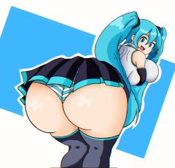 1girls ass ass_focus big_ass big_butt blue_eyes blue_hair breasts bubble_butt butt butt_focus dumptruck_ass fat_ass fat_butt female female_only fully_clothed hatsune_miku huge_ass huge_butt looking_at_viewer looking_back looking_back_at_viewer panties solo striped_clothing striped_panties stripes thick_ass thick_butt vocaloid zaemon