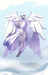 annon bimbo bimbofication emily_(hazbin_hotel) grey_body hazbin_hotel hourglass_figure huge_breasts white_hair wings