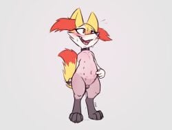 animal_genitalia animal_pussy blush bodily_fluids braixen canine_genitalia canine_pussy collar female fur generation_6_pokemon genital_fluids genitals gesture hand_gesture navel nintendo nipples open_mouth pen pointing pointing_at_self pokemon pokemon_(species) pussy red_eyes shaved_pussy slowderpyguy solo sweat vaginal_fluids yellow_body yellow_fur