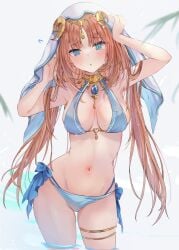 2d 2d_(artwork) alternate_costume arms_up bikini blue_bikini blue_eyes blush bow embarrassed embarrassed_female female female_focus female_only front_view genshin_impact hands_up high_resolution highres horns hourglass_figure hoyoverse jewelry light-skinned_female light_skin long_hair looking_at_viewer maruro medium_breasts metal_collar mihoyo navel nilou_(genshin_impact) red_hair solo solo_female standing standing_in_water swimsuit swimwear thighs thong thong_bikini two_piece_swimsuit water young younger_female