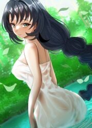 1girls ass big_ass big_breasts black_hair braid breasts busty character_request fat_ass female female_only green_eyes hi_res large_breasts legs long_hair no_bra no_panties see-through sensual sideboob smile solo thighs very_long_hair voluptuous wet wet_clothes
