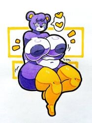 animal_crossing bear breasts female freckles heart holding_breast huge_breasts legwear megan_(animal_crossing) motion_lines mr.ctm nintendo slightly_chubby speech_bubble thick_thighs video_games wide_hips