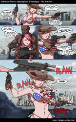 american_flag american_flag_bikini ass bald bandage bikini blonde_hair blue_eyes breasts bubblegum_(angels_corps) calamity_rose_(angels_corps) comic dave_cheung defeated dying gun guro hat knife muscle navel pink_hair pistol revolver ribbon shot shot_in_chest swimsuit united_states_angels_corps weapon