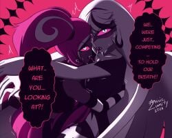 2demons 2girls anisiclumity carmilla_carmine dark-skinned_female dark_skin demon demon_girl demon_girls demons dialogue grey_body grey_skin hazbin_hotel kissing lesbian long_hair red_eyes red_hair red_sclera text twitter velmilla velvette vivienne_medrano vivziepop watermark white_hair yuri