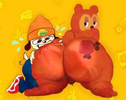 2boys anthro ass_tattoo backsack big_ass biting_ass gay huge_ass looking_back male/female non-human non-human_only parappa parappa_the_rapper pj_berri rose rose_(flower) simple_background steam sweat syrupglazed tattoo_on_butt toony yaoi yellow_background