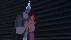 bare_breasts brown_hair brown_hair clothed_male disney disney_princess disney_villains god hades_(hercules) half-dressed half_naked hand_on_penis handjob meg_(disney) megara nude_edit screencap screenshot_edit timidbirb villain