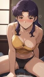 ai_generated bewaretheaimachinegod black_panties misato_katsuragi neon_genesis_evangelion panties purple_hair smiling stable_diffusion yellow_topwear