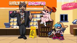 al_pacino almost_naked alternate_costume artist_request auburn_hair blue_hair boyfriend_(friday_night_funkin) business_attire coffee complex_background dunkin'_donuts fanart friday_night_funkin friday_night_funkin_mod girlfriend_(friday_night_funkin) hair_bun headset jack_and_jill_(2011) microphone no_sex red_hair shitpost suit tan_hat wet_floor wet_floor_sign