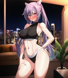 ai_generated animal_ears black_panties black_sports_bra blush cat_ears cityscape couch female genshin_impact halterneck hand_on_hip indoors keqing_(genshin_impact) large_breasts living_room long_hair ltgwhtl navel night panties plant purple_hair red_eyes solo sports_bra standing three_quarter_view twintails window
