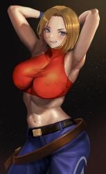 1girls armpits arms_behind_head big_breasts blonde_hair blue_eyes blue_mary blush breasts busty confident covered_erect_nipples denim fatal_fury female female_only grin highres jeans king_of_fighters large_breasts legs looking_at_viewer midriff navel pants pose posing sensual sexy_armpits short_hair smile snk solo thighs toned