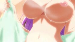 animated asa_made_jugyou_chu! bath blue_eyes blush breasts kakinozaka_ayana large_breasts lowres purple_hair steam towel wet