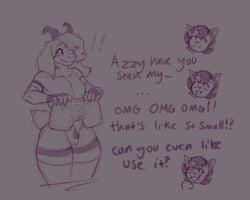 anthro arino asriel_dreemurr asriel_dreemurr_(god_form) blush boss_monster_(undertale) bovid caprine catty_(undertale) caught dialogue domestic_cat duo embarrassed felid feline felis female femboy flaccid foreskin fur genitals goat hair hi_res humanoid_genitalia humanoid_penis humiliation male male/female male_focus mammal micropenis offscreen_character penis penis_humiliation small_penis small_penis_humiliation solo_focus undertale undertale_(series)