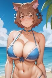 2024 2024s :3 ai_generated animal_ear_fluff animal_ears bangs bare_shoulders based_mix_(model) beach belly_button bikini blue_bikini blue_choker blue_sky blush bow breasts brown_eyes brown_hair cat_ears choker circle_eyebrows cleavage closed_mouth cloud collarbone day detailed_background felix_argyle female front-tie_top genderswap_(mtf) hair_ribbon large_breasts looking_at_viewer mtf_crossgender navel ocean outdoors palm_tree re:zero_kara_hajimeru_isekai_seikatsu ribbon rule_63 short_hair sky smiling smiling_at_viewer solo stable_diffusion swimsuit thick_eyebrows tree upper_body water wide_hips