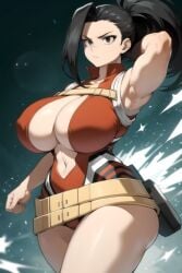 1girls ai_generated bare_arms bare_legs bare_shoulders belt big_breasts black_hair boku_no_hero_academia cleavage daidouji_(artist) daidoujipv gigantic_breasts leotard long_hair looking_at_viewer momo_yaoyorozu my_hero_academia ponytail serious thighs wide_hips