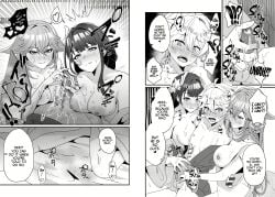 1boy 2girls aether_(genshin_impact) areolae assertive_female blush breasts censored cum cumshot double_handjob doujinshi english_text exposed exposed_breasts female femdom ffm_threesome fox_ears genshin_impact handjob happy heart hi_res light-skinned_female light_skin male_pov maruco mole mole_under_eye monochrome mosaic_censoring mostly_nude multiple_girls multiple_views nervous nervous_face nervous_male nipples older_female penis raiden_shogun straight stroking_penis submissive submissive_male sweat text yae_miko younger_male