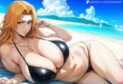 1girls ai_generated arm_support barefoot beach big_breasts bikini bikini_bottom bikini_top bleach bracelet breasts breasts_bigger_than_head chain chain_necklace child_bearing_hips commentary feet female female_only gigantic_breasts hanging_breasts hourglass_figure huge_breasts jewelry large_breasts lewisai long_hair looking_at_viewer lying_on_side massive_breasts matsumoto_rangiku micro_bikini midriff nai_diffusion necklace on_side oppai outdoors patreon_username plump revealing_swimsuit sagging_breasts seaside skimpy skimpy_bikini solo solo_focus stable_diffusion swimsuit text thick_thighs thighs top_heavy top_heavy_breasts url very_long_hair voluptuous voluptuous_female watermark wavy_hair web_address wet wet_skin wide_hips