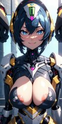 1girls 1robot_girl ai_generated android big_breasts blue_eyes looking_at_viewer nipples_peek ponceai robot_humanoid short_hair