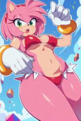 ai_generated amy_rose anthro ashaa bikini bra breasts curvy furry green_eyes low-angle_view pink_body pink_fur red_bikini sega sonic_(series) sonic_the_hedgehog_(series) thick_thighs tight_clothing