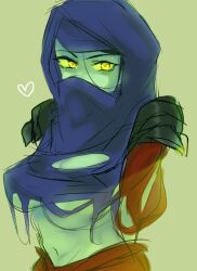 bansha bansha_(ninjago) banshee belly_button eyebrows eyelashes face_mask ghost ghost_girl green_body green_skin heart hood lego looking_at_viewer mask midriff navel ninja ninja_girl ninja_mask ninjago possession_(ninjago) shoulder_pads torn_clothes torn_clothing underboob yellow_eyes