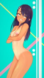 1girls 3d black_hair blush crossed_arms female female_only hayase_nagatoro koikatsu looking_away mike_oxlong nipples nude please_don't_bully_me,_nagatoro small_breasts smirk tan_body tanline yellow_eyes