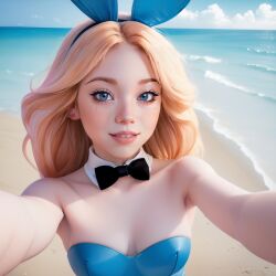 3d_(artwork) ai_generated beach black_bowtie blue_bunny_ears blue_leotard bunny_ears icarly jennette_mccurdy l_mammc lmmai playboy_bunny playboy_bunny_costume playboy_bunny_leotard playboy_suit realistic_breast_size sam_puckett stable_diffusion