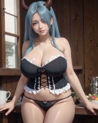 ai_generated black_panties blue_eyes blue_hair breasts breasts breasts_bigger_than_head female female_only gigantic_breasts horns huge_breasts light-skinned_female light_skin looking_at_viewer muma_no_machi_cornelica realistic rosary_(muma_no_machi_cornelica) succubus succubus_horns thighs